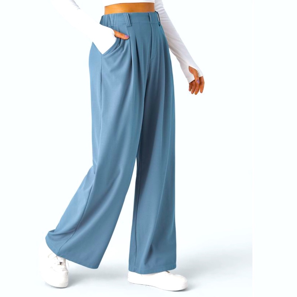 HALARA Lt Blue Wide-Leg Hi-Rise Stretch Waffle Pants